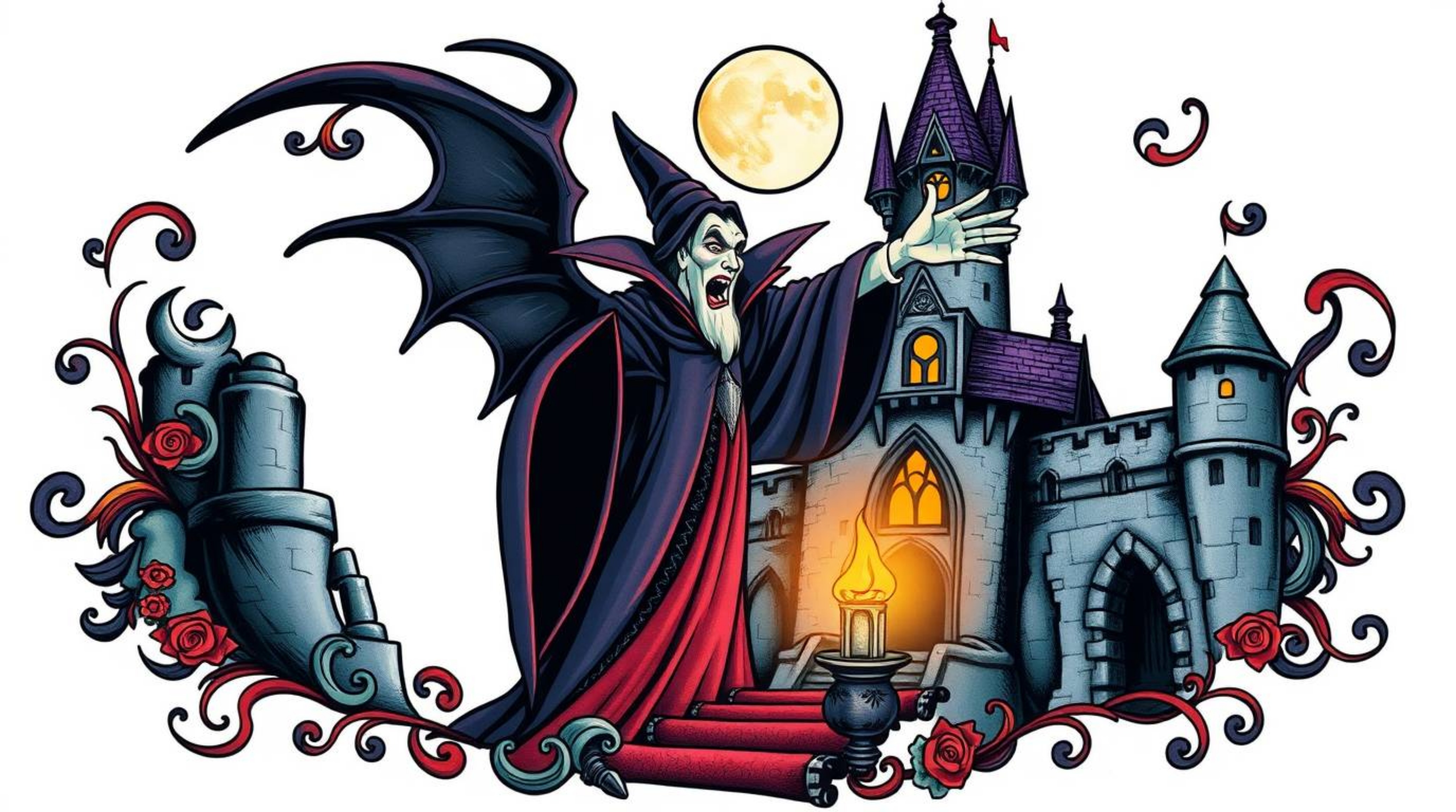 A captivating depiction of a classic Disney villain casting a spell within an old castle, rendered in a symbolic traditional 