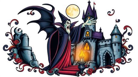 A captivating depiction of a classic Disney villain casting a spell within an old castle, rendered in a symbolic traditional