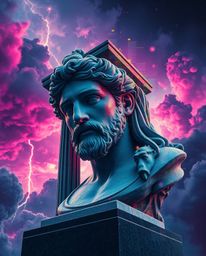 A captivating surreal digital painting showcases a classical sculpture distorted by a vibrant glitch effect.  Set against a s