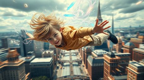 A young boy with windswept hair soars dynamically above a fantastical and surreal London cityscape, propelled by swirling, ir