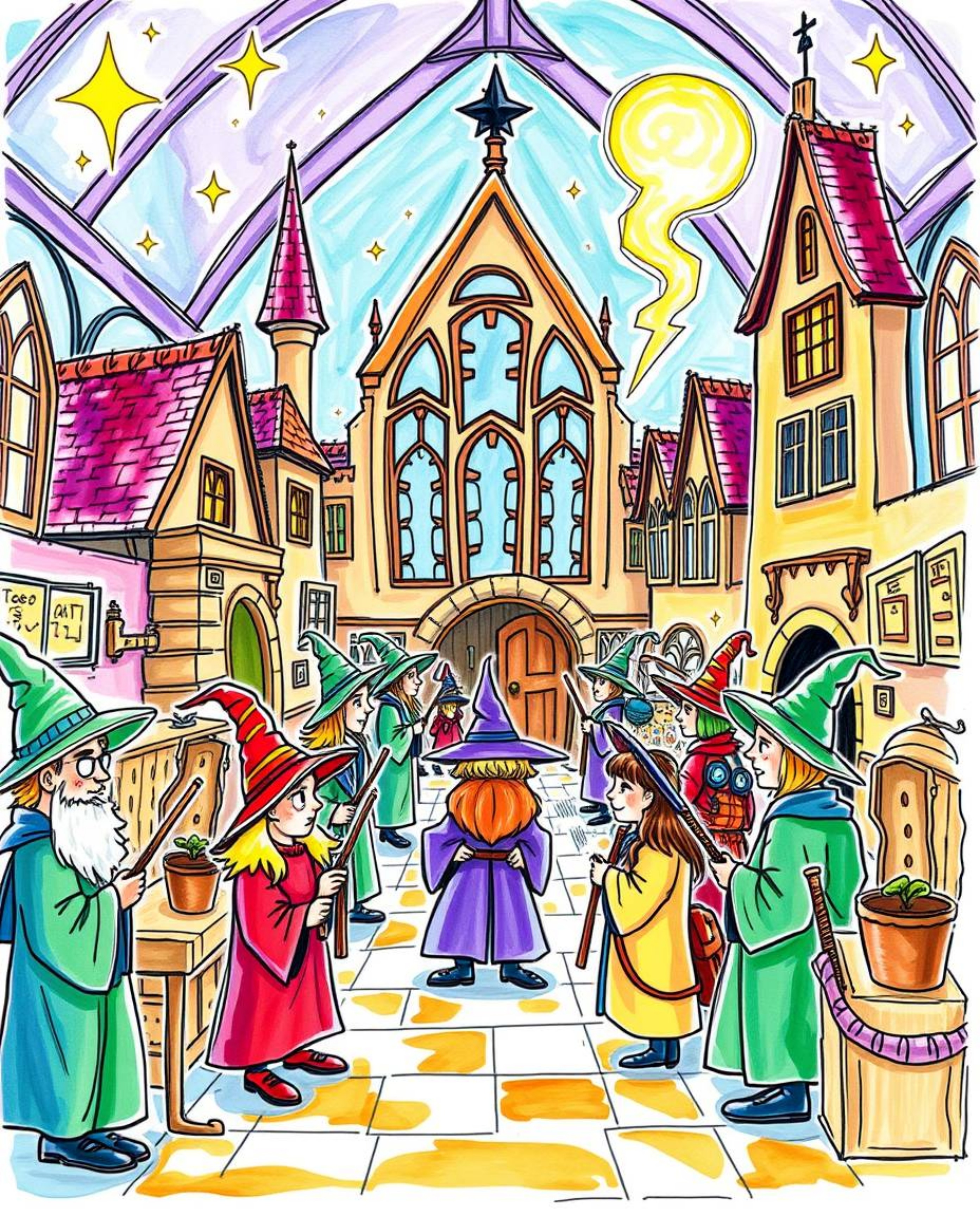 A vibrant and energetic hand-drawn sketch depicting a magical school brimming with young wizards.  Created in a colorful sket