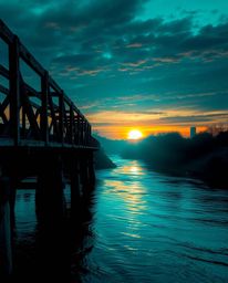 This digital art piece reimagines an old wooden bridge over a river at sunset with a luxurious and vibrant aesthetic. The sce