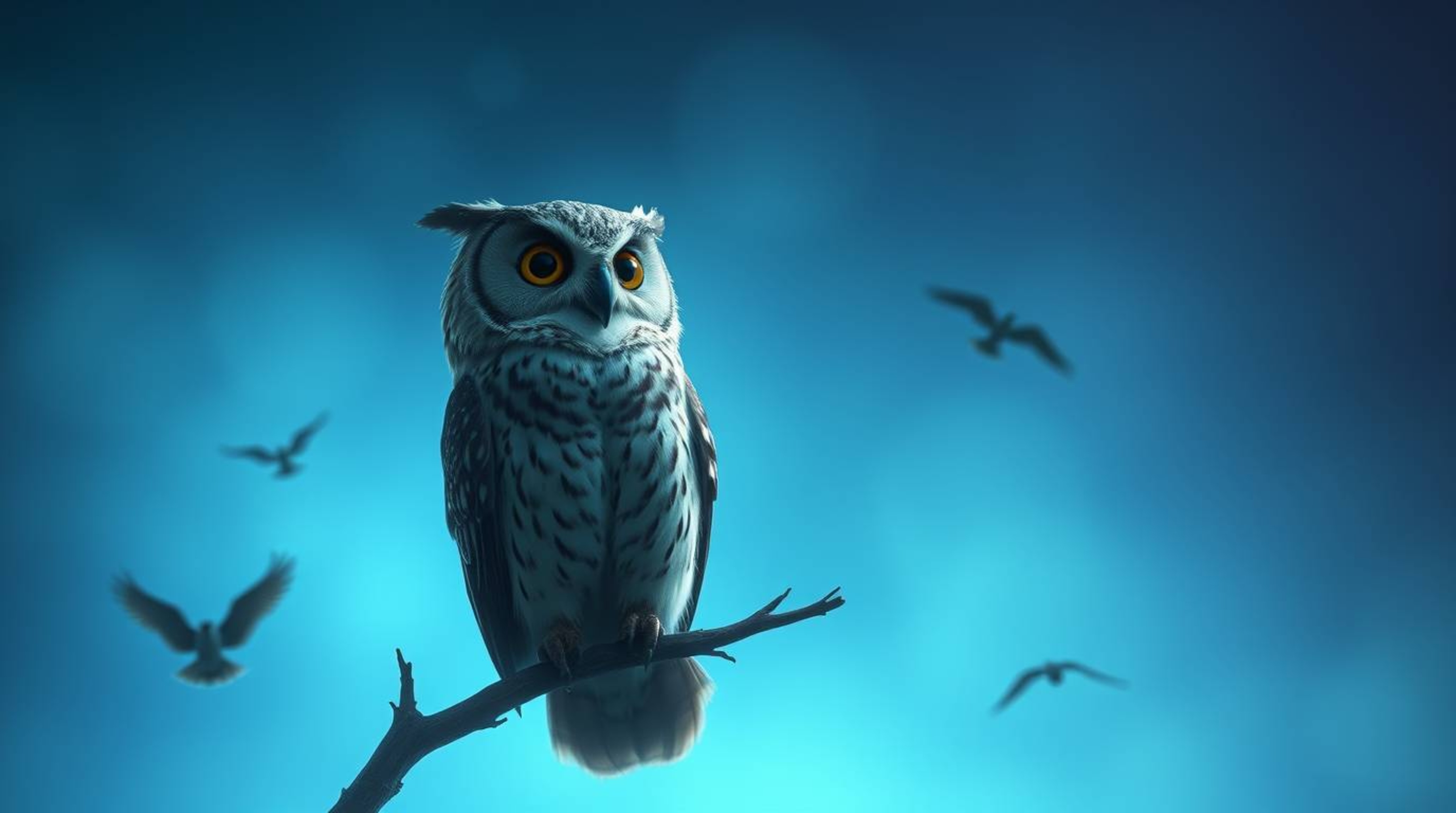 A long exposure photograph depicts a wise, blind owl in a Pixar style, perched high while observing its students, small birds