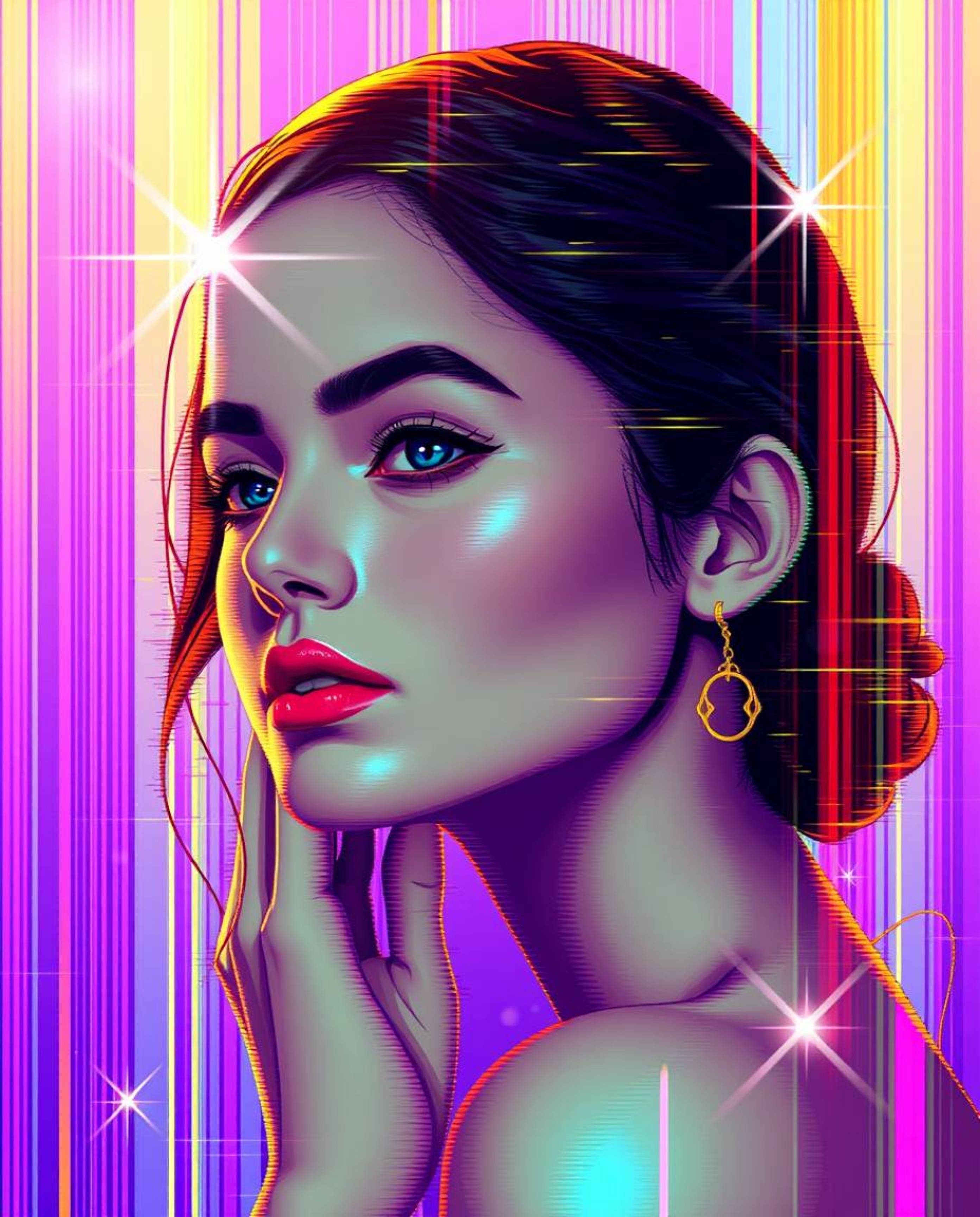 Discover stunning digital glitch art portraits in a pixelated style.  These pieces feature bright lens flares, light streaks,