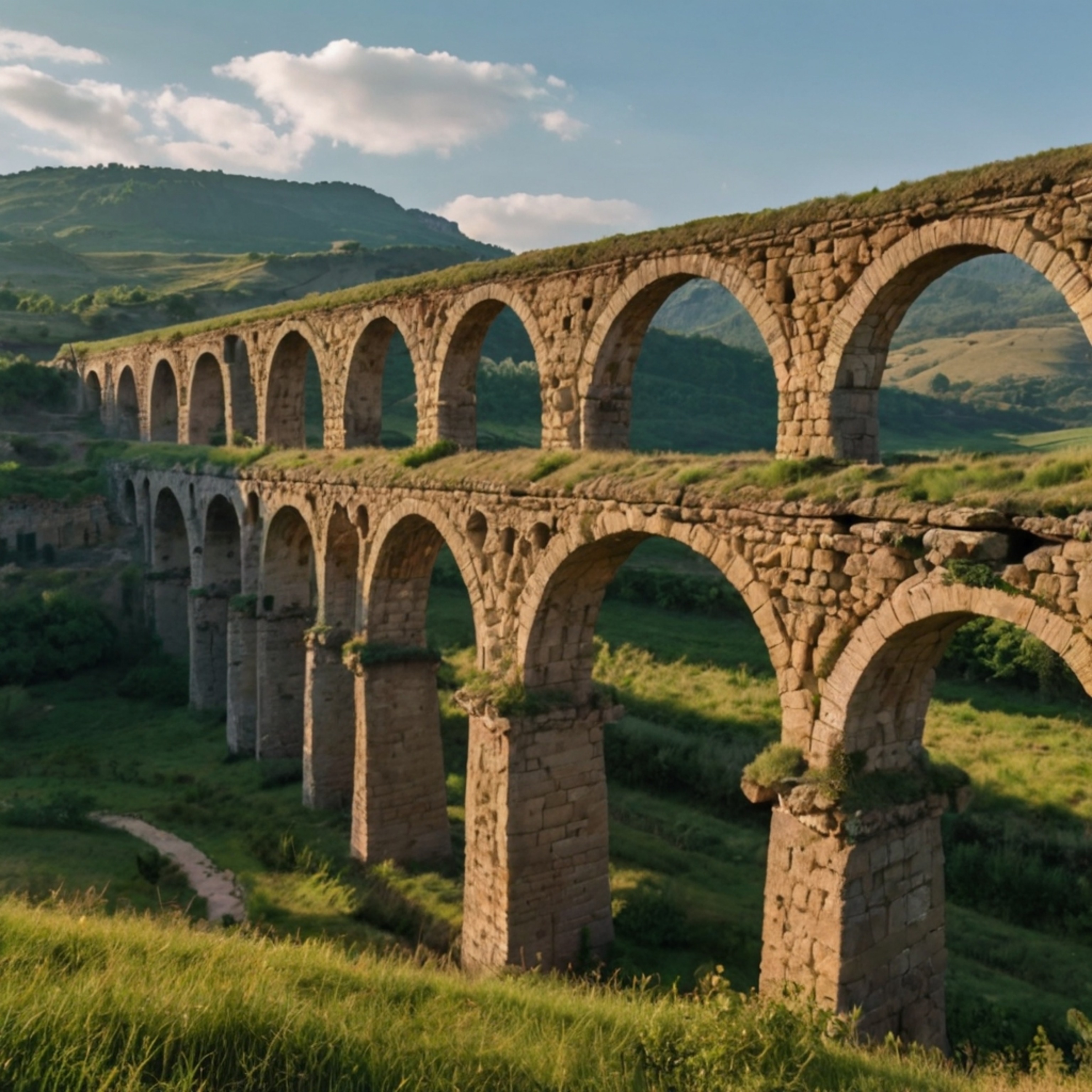 This stunning image captures an ancient Roman aqueduct gracefully spanning a valley. The weathered stone arches stand as a te
