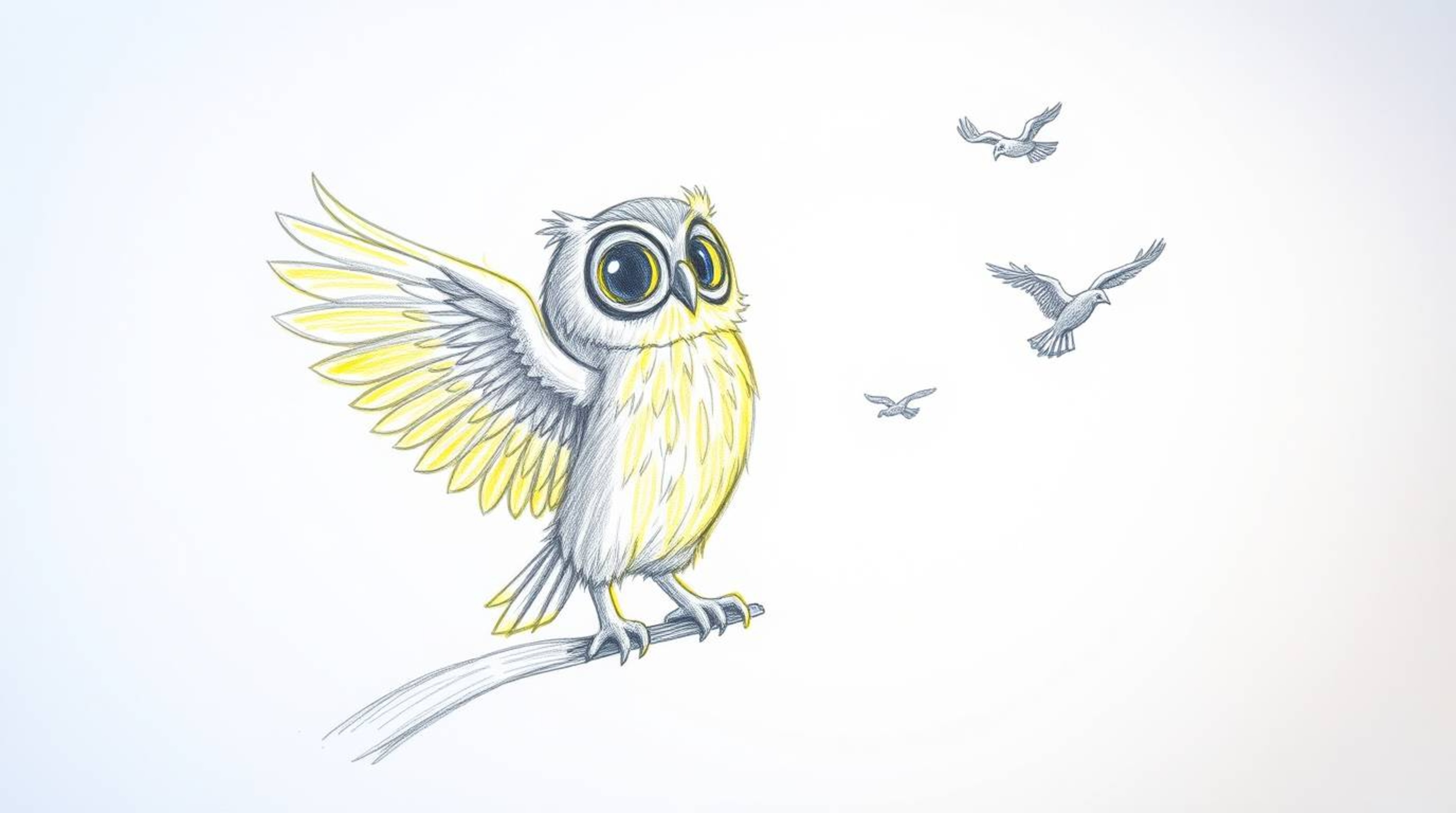 A heartwarming hand-drawn sketch in the style of Pixar showcases a blind owl with radiant, glowing feathers, bathed in the wa