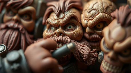This stunning image captures an extreme macro close-up of a small section of a team of misfit heroes. The highly detailed vie