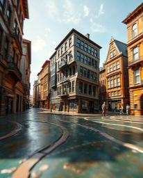 A captivating image showcasing a dynamic bronze cast surface depicting a surreal street scene.  Buildings fold and twist in b