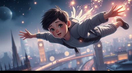 A captivating futuristic sci-fi illustration depicts a young boy with pale skin and dark hair soaring above London, propelled