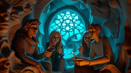 A group of teenagers, depicted in unique sculptural clay forms with textured surfaces, unravels mysteries within a haunted ma