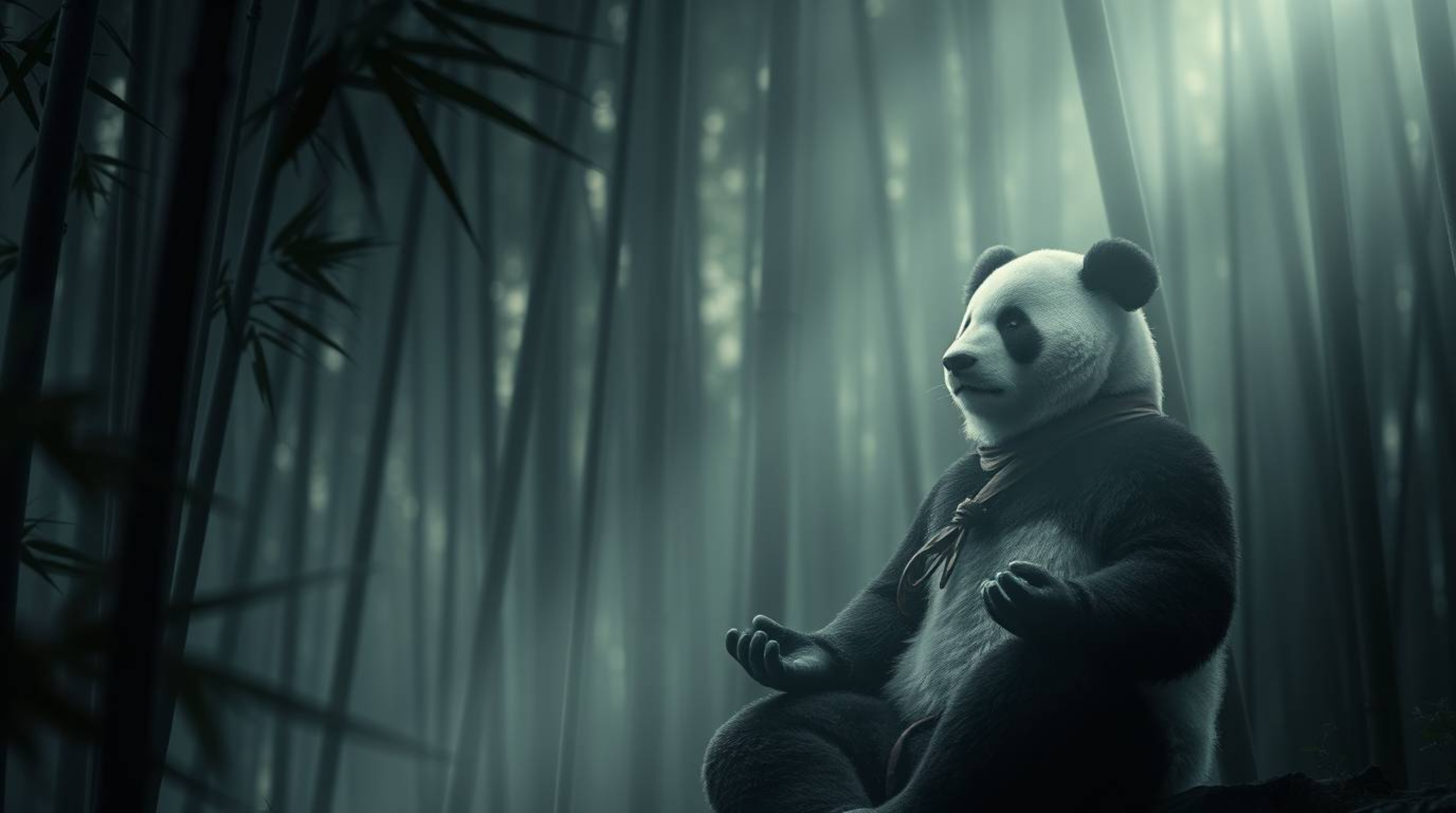 A strong, moody image portrays a martial artist panda deeply engrossed in meditation within a tranquil bamboo forest.  Soft, 