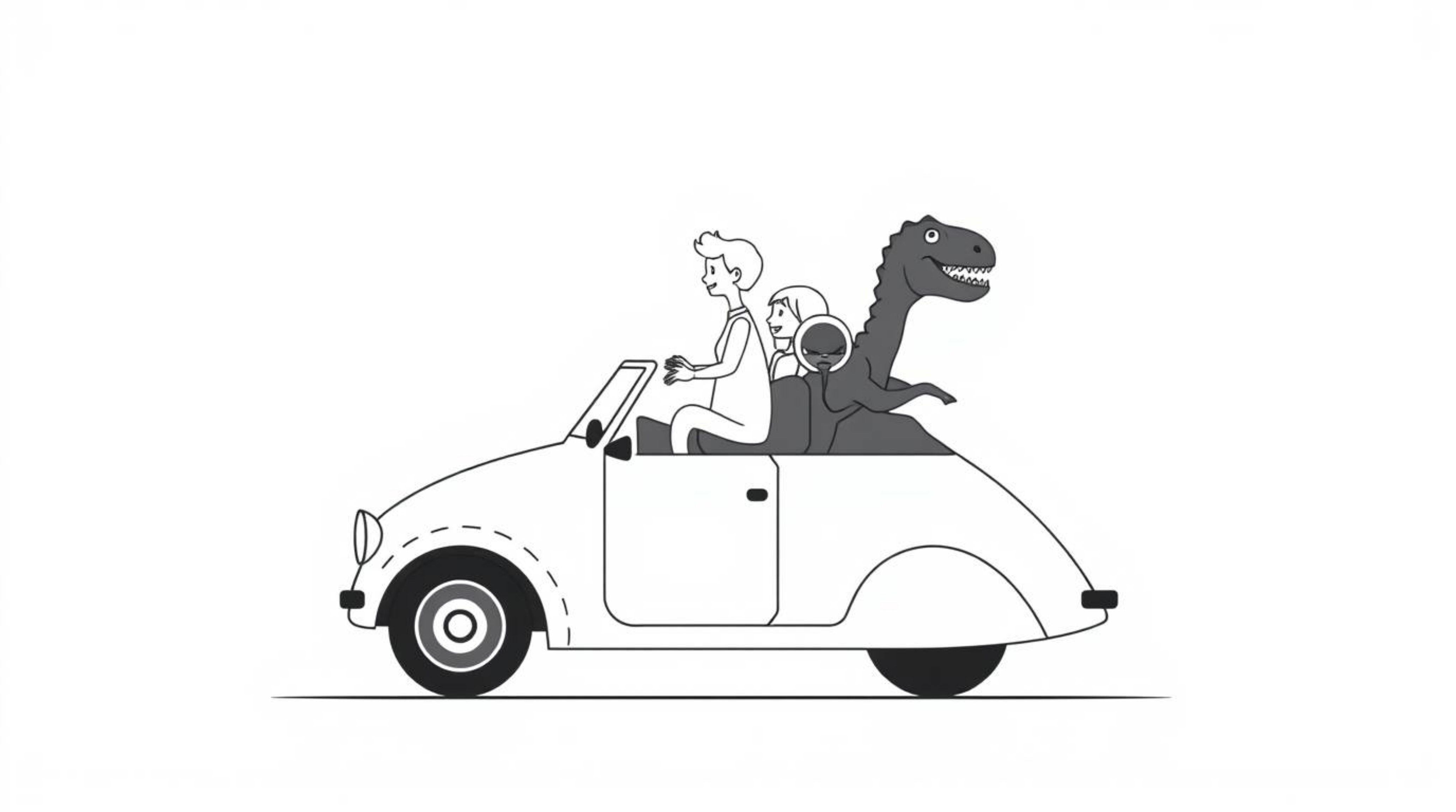 A timeless and elegant illustration depicts a prehistoric family enjoying a ride in a dinosaur-shaped car.  Rendered in a cla