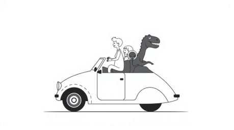 A timeless and elegant illustration depicts a prehistoric family enjoying a ride in a dinosaur-shaped car.  Rendered in a cla