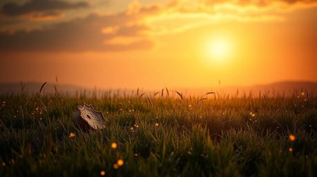 Experience the ethereal beauty of sculptural clay artwork capturing a serene sunset over a quiet meadow filled with fireflies