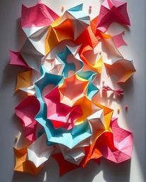 A captivating abstract art piece featuring an intricate origami-style composition of colorful 3D fluid shapes harmoniously in