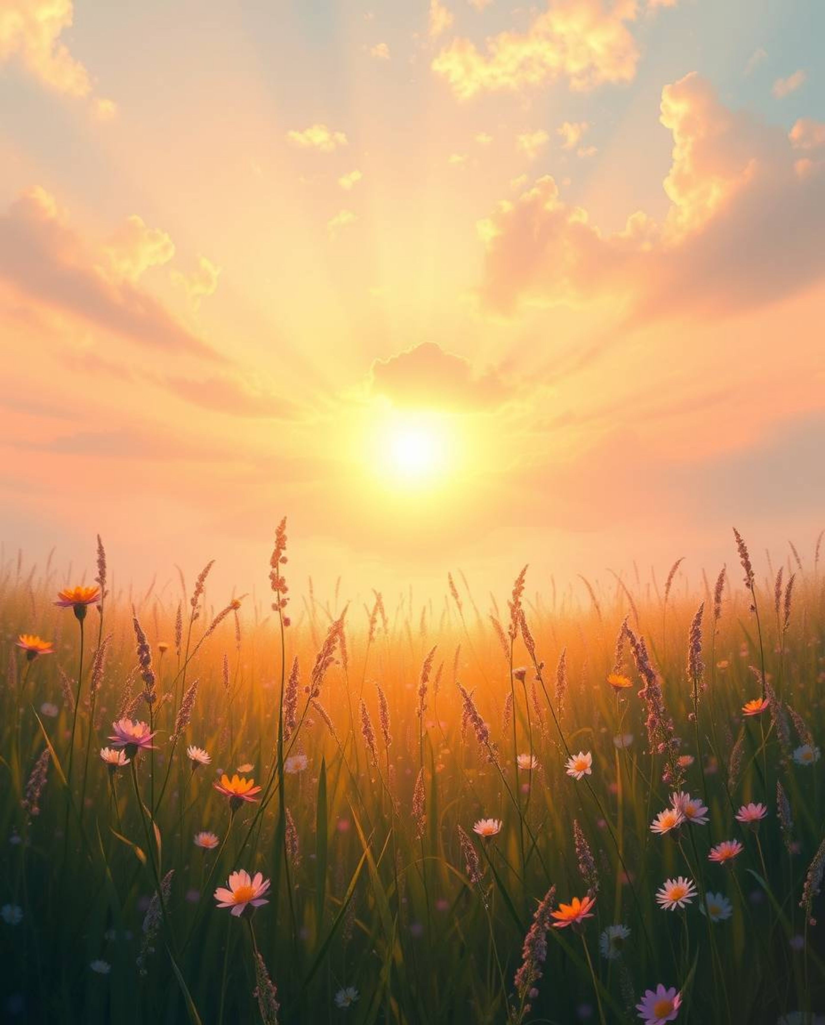 A stunning digital painting of a spring meadow sunset, radiating a warm golden glow that creates an ethereal and spiritual at