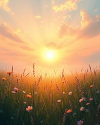 A stunning digital painting of a spring meadow sunset, radiating a warm golden glow that creates an ethereal and spiritual at