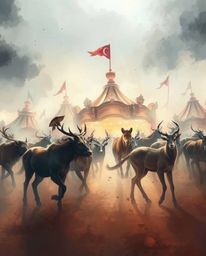 Experience a dramatic cinematic style artwork depicting a carnival overtaken by wild animals, rendered with delicate watercol