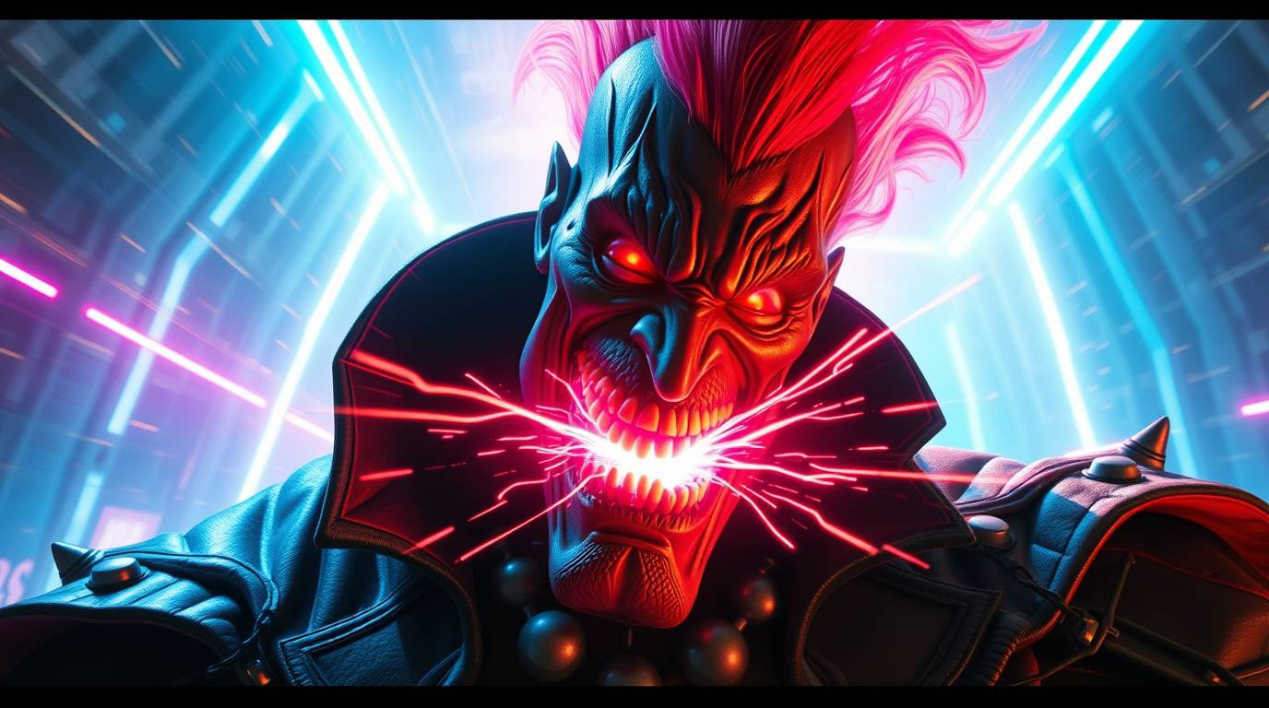 A villain, portrayed on a grand, heroic scale, experiences a humorous breakdown within a vibrant, high-tech lair pulsating wi