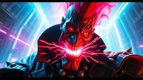 A villain, portrayed on a grand, heroic scale, experiences a humorous breakdown within a vibrant, high-tech lair pulsating wi