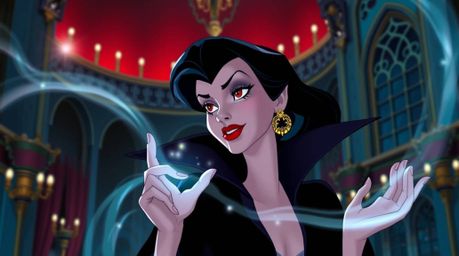 An elegant Disney villain with dark hair casts a spell within a sophisticated castle.  The scene is rendered in a stunning ar