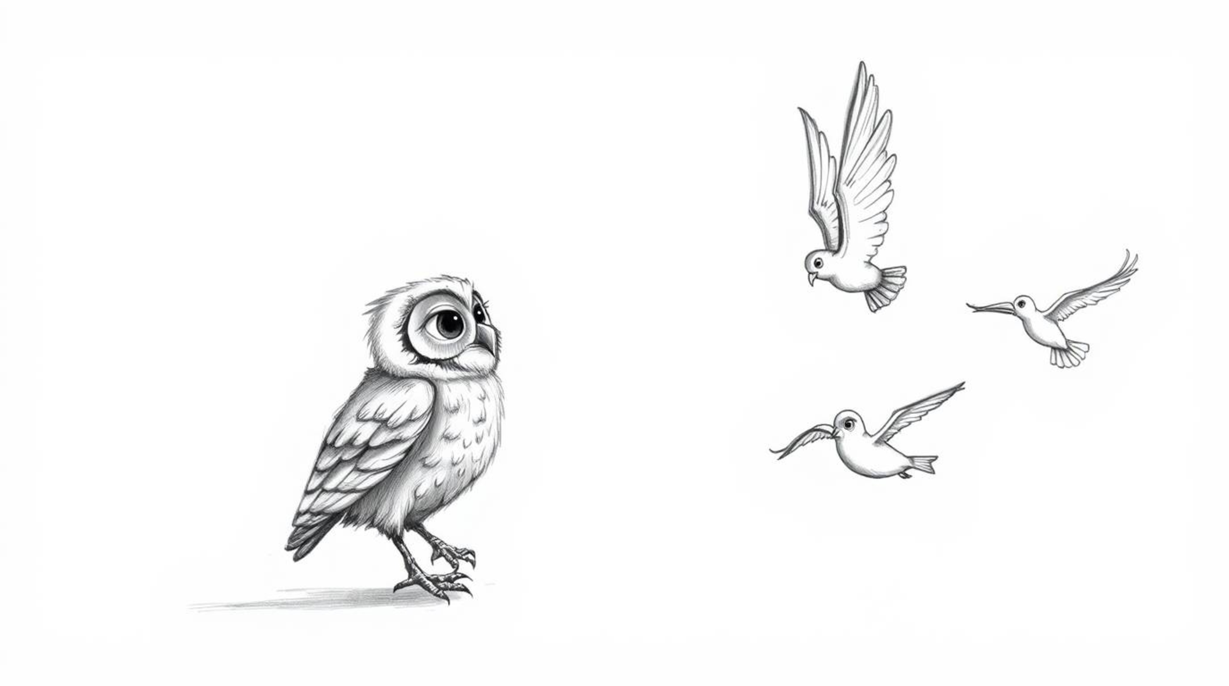 A heartwarming hand-drawn sketch in Pixar style portrays a blind owl with soft, downy feathers patiently teaching a diverse g