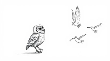 A heartwarming hand-drawn sketch in Pixar style portrays a blind owl with soft, downy feathers patiently teaching a diverse g