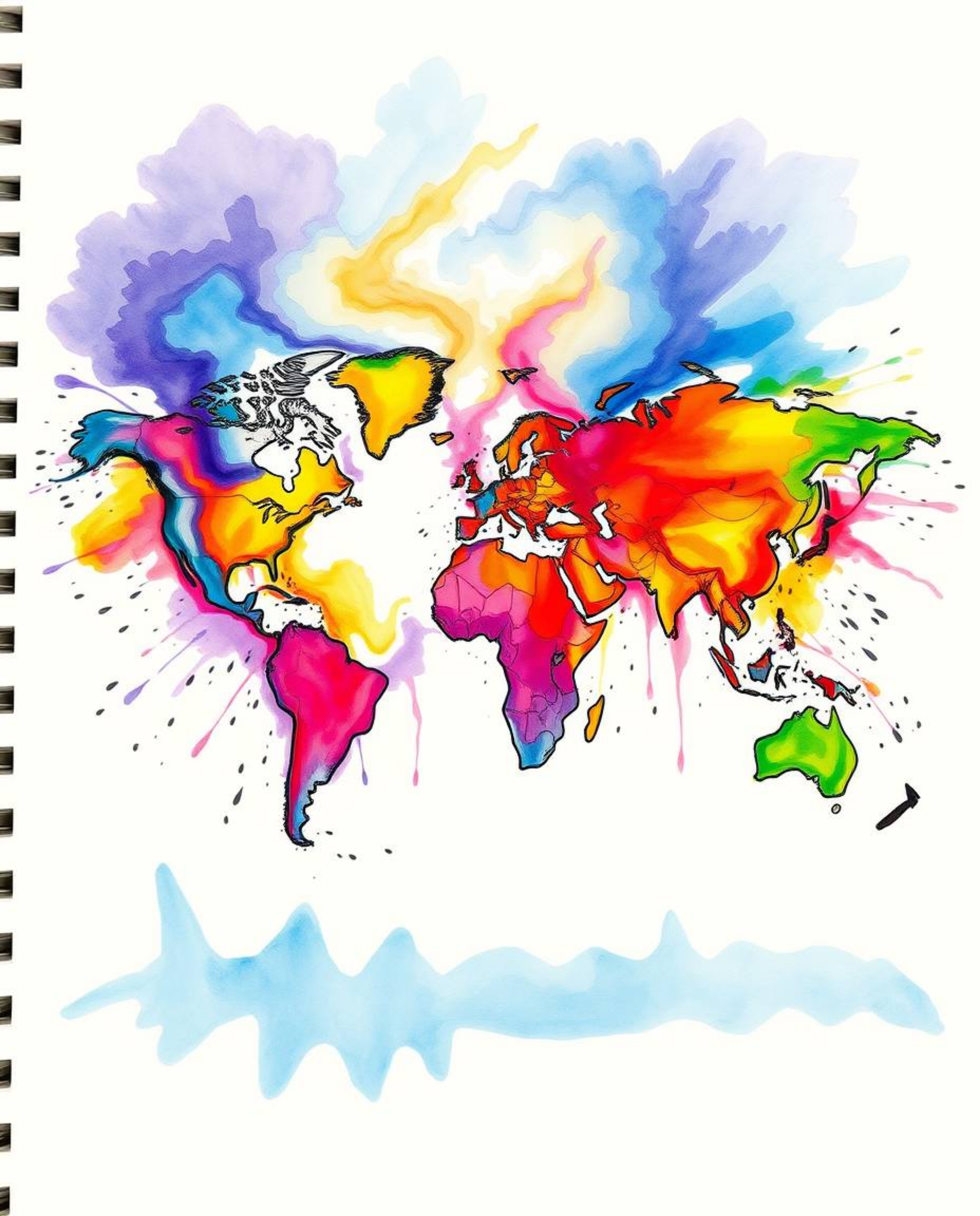 A vibrant and dramatic hand-drawn sketchnote depicting a world map formed from bright, colorful splashes against an intense, 