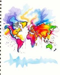 A vibrant and dramatic hand-drawn sketchnote depicting a world map formed from bright, colorful splashes against an intense, 