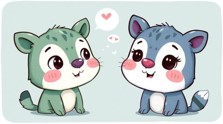 A charming, hand-drawn illustration featuring an adorable and cute duo of talking animals engaging in playful mischief.  The 