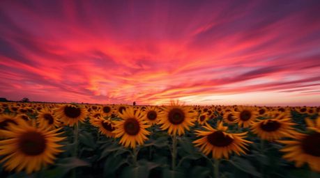 A captivating long-exposure photograph showcases a dynamic sunflower field bathed in the rich hues of a deep red and purple s