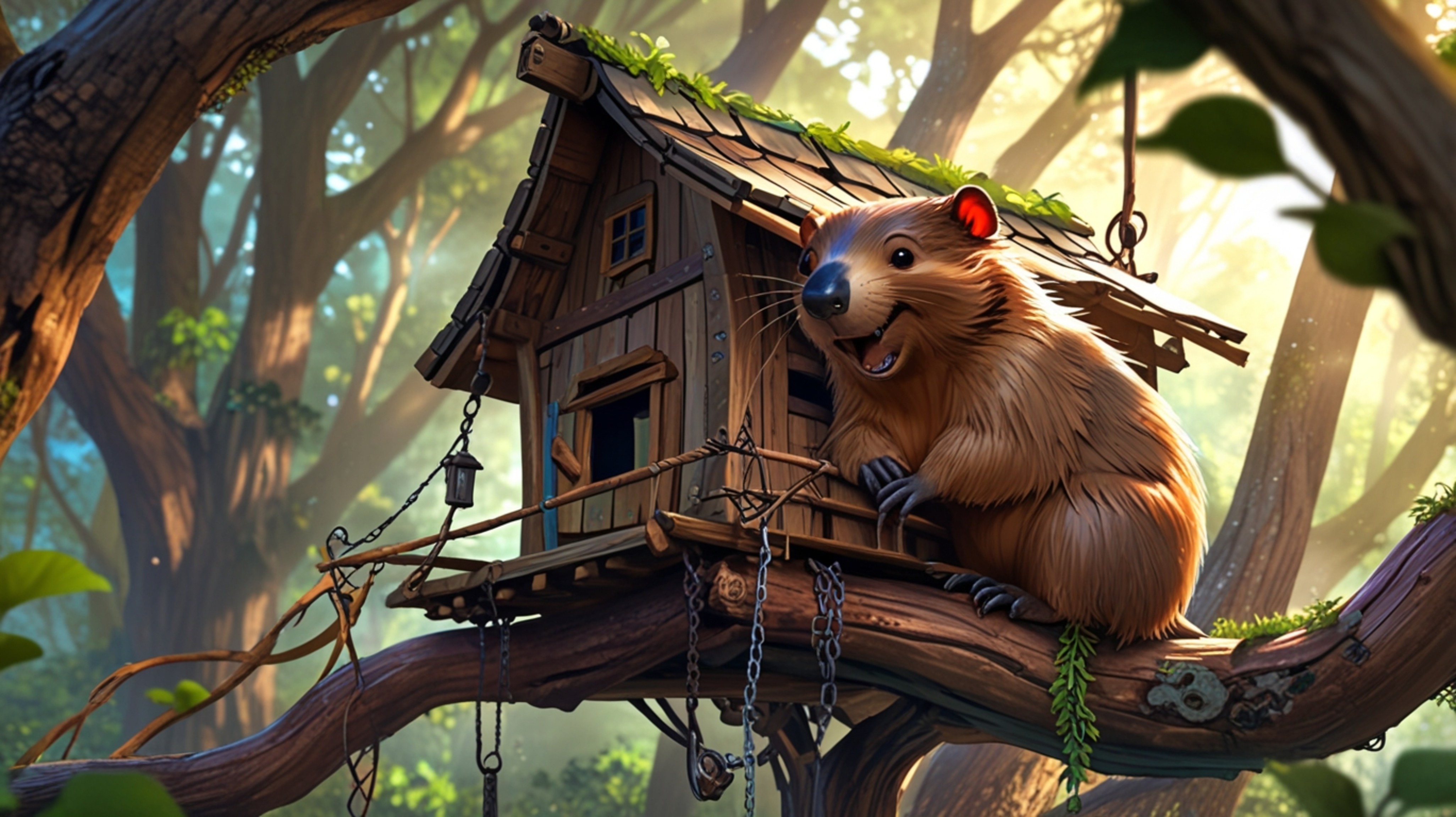 In a beautifully rendered scene that combines the charm of Pixar with the expressive qualities of anime, a hard-working beave