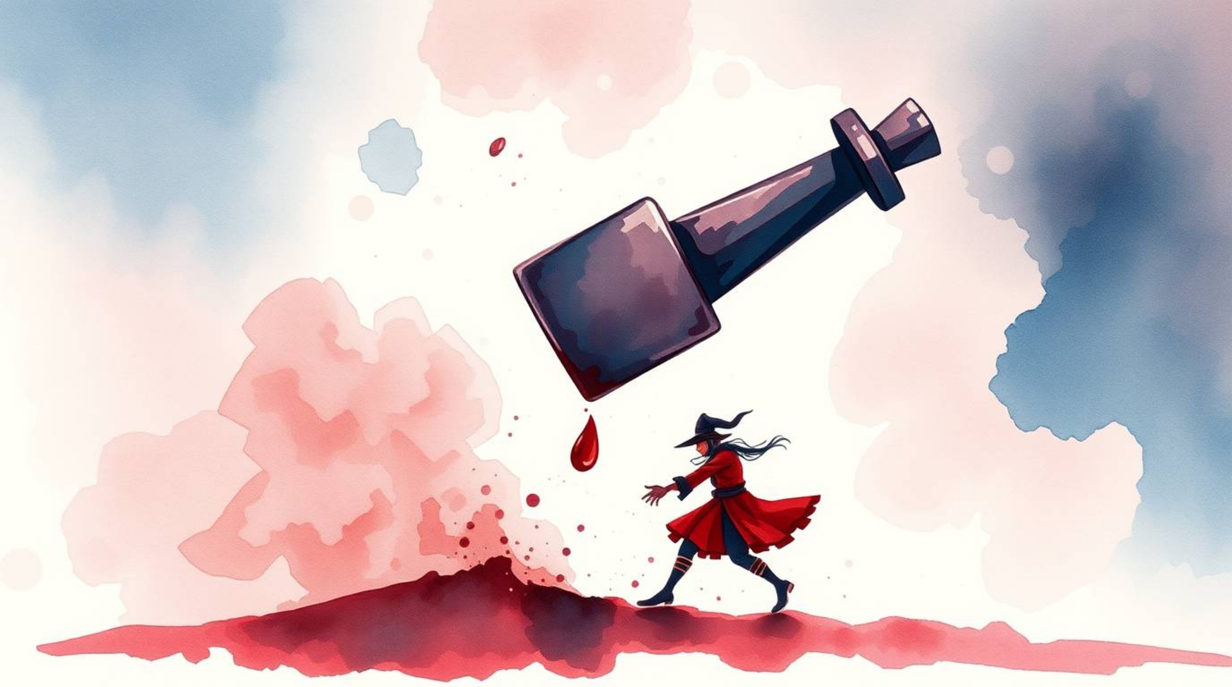 A delicate watercolor painting depicts a dramatic scene: an anvil poised to fall on a trickster character, rendered in rich b