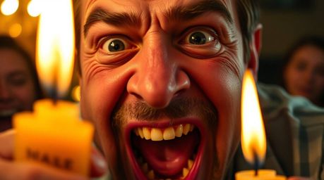 Explore extreme macro close-ups of hilariously gross-out comedy moments featuring exaggerated expressions bathed in the warm 