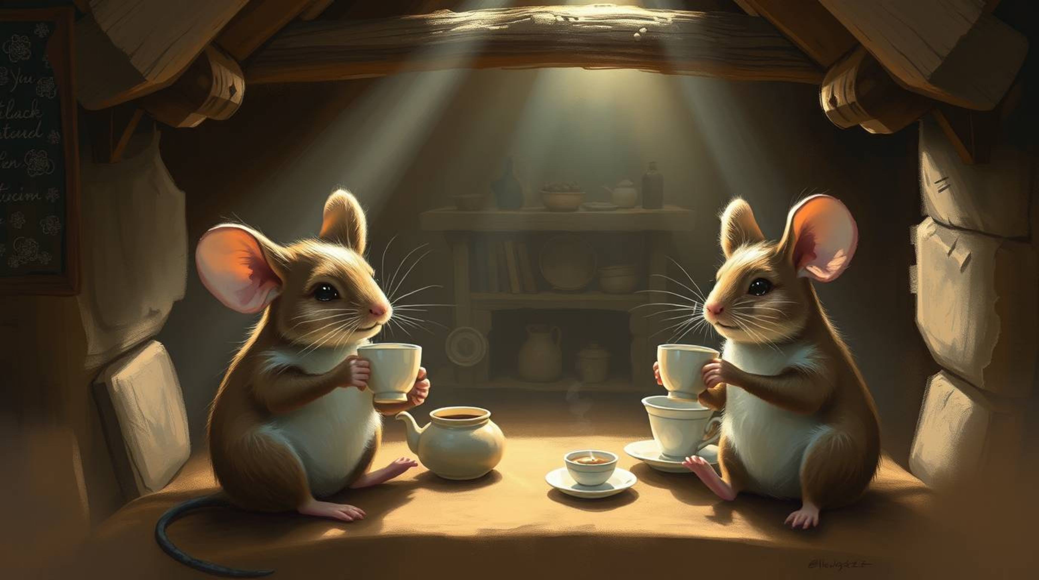 A captivating digital painting depicts anthropomorphic mice enjoying a tea party in a cozy cottage.  The artwork features nat