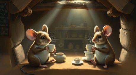 A captivating digital painting depicts anthropomorphic mice enjoying a tea party in a cozy cottage.  The artwork features nat