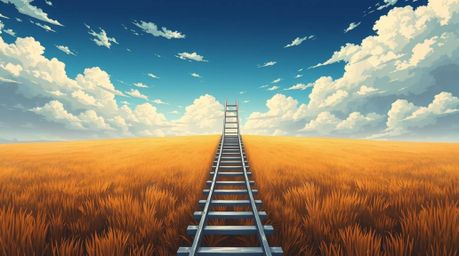 A captivating Isekai anime-style depiction presents a minimalist scene: a silver ladder stands tall in an open field beneath 