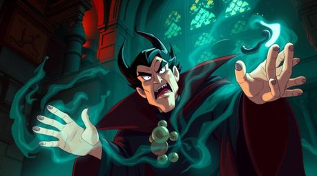 A captivating isekai anime style image featuring a classic Disney villain with expressive features, casting a spell within th