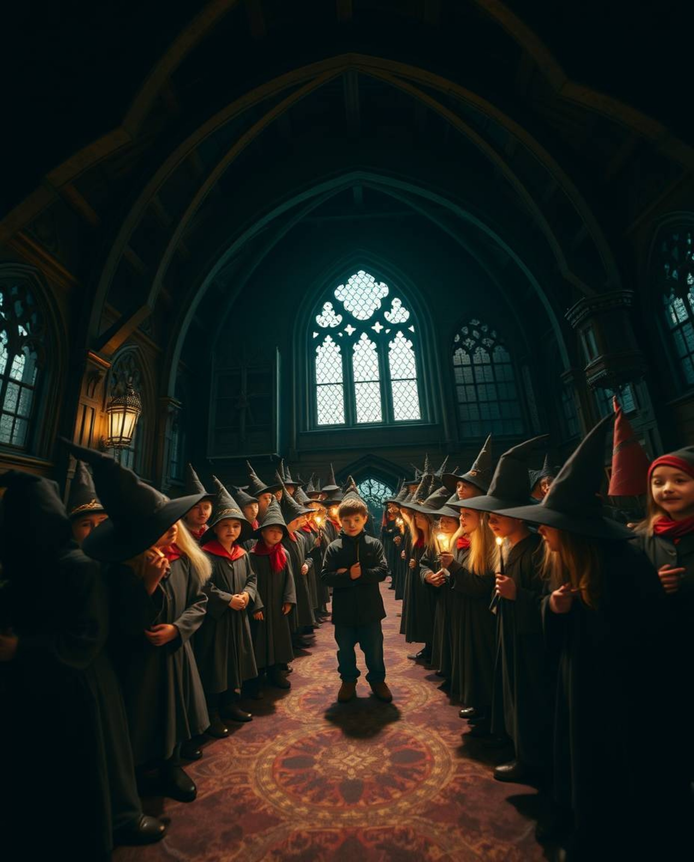 A professional, slightly dark yet warm, high-angle photograph captures a magical school teeming with young wizards. Soft cont