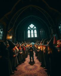 A professional, slightly dark yet warm, high-angle photograph captures a magical school teeming with young wizards. Soft cont