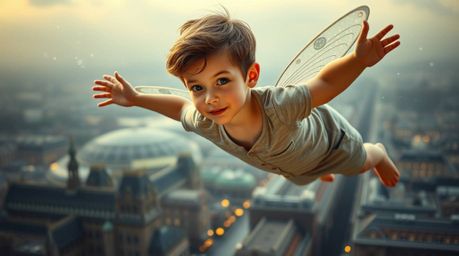 A captivating scene unfolds with a young boy, his features refined and graceful, soaring above London aided by magical pixie
