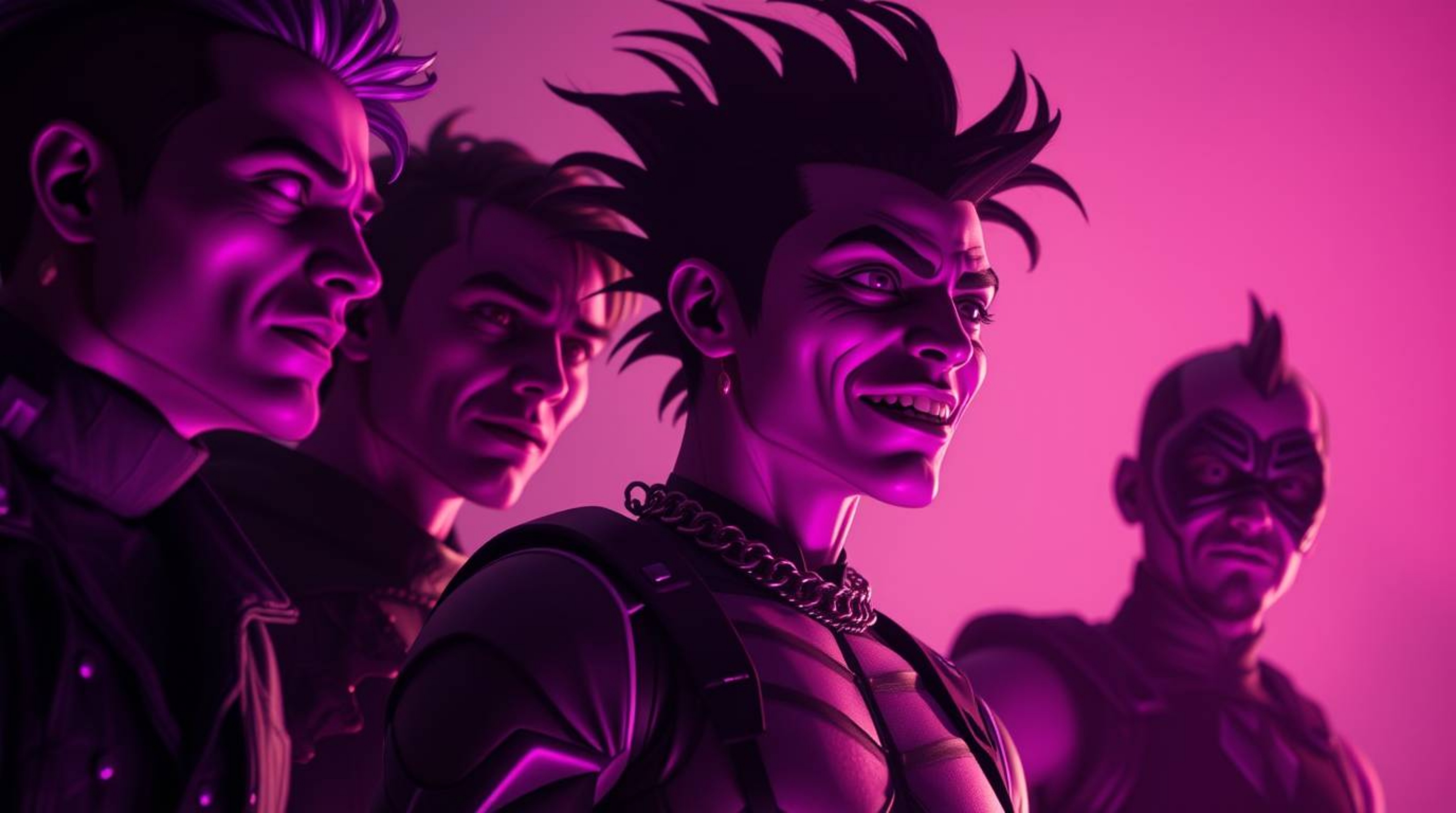 Discover stunning cinematic artwork depicting a team of misfit heroes.  Rendered in deep ultraviolet and vivid purple hues, t