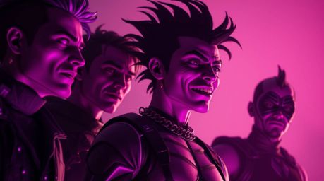 Discover stunning cinematic artwork depicting a team of misfit heroes.  Rendered in deep ultraviolet and vivid purple hues, t