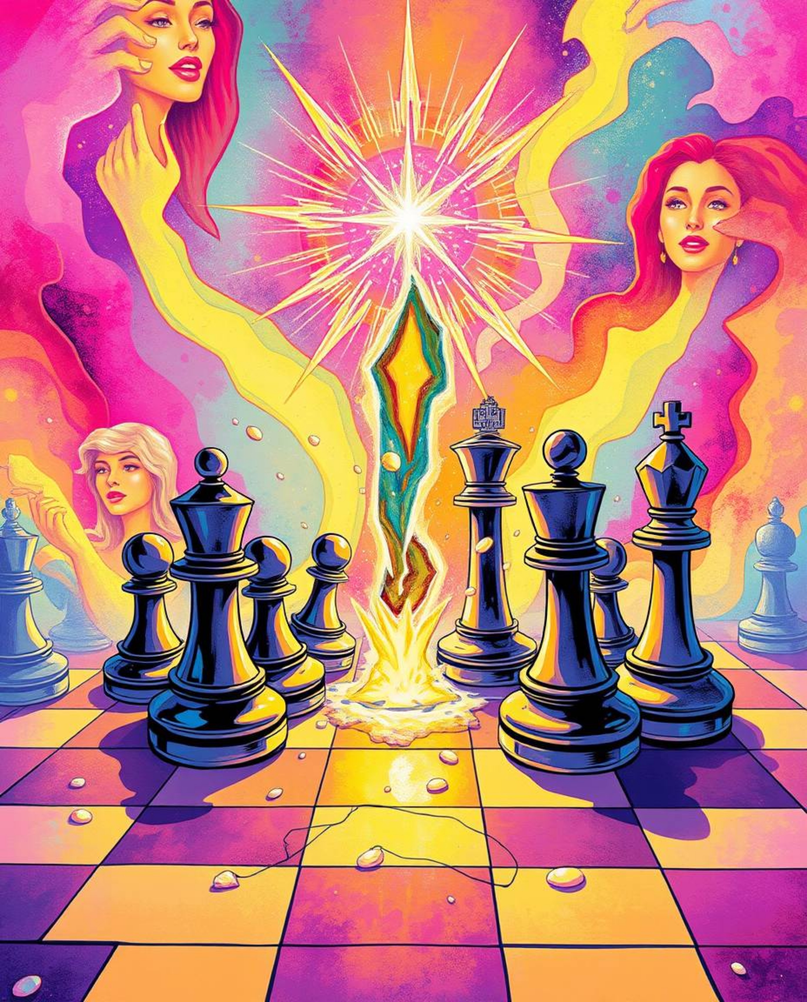 A captivating illustration depicts a chessboard in mid-destruction, with pieces frozen in time amidst a luminous aura.  The v