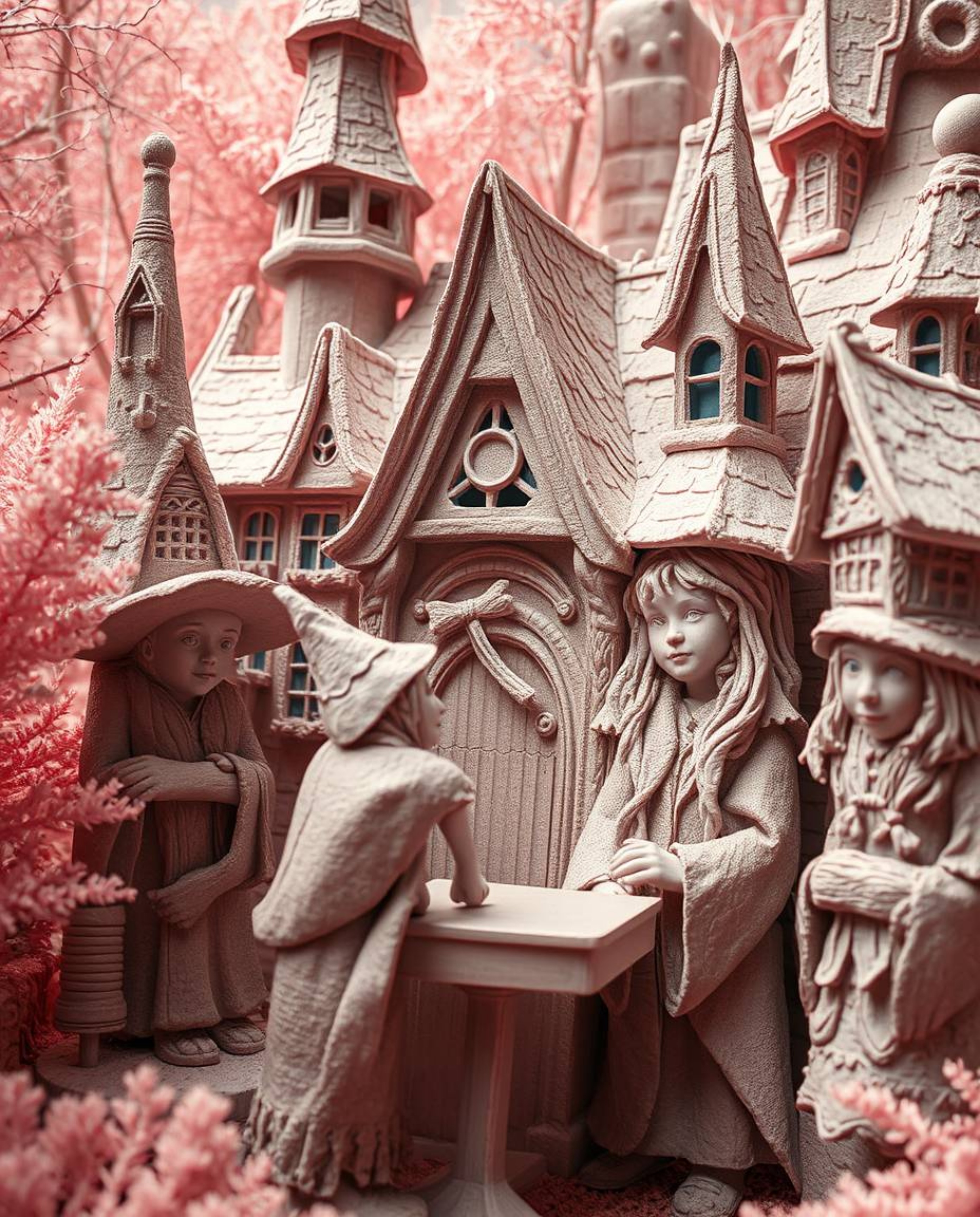 Explore a surreal and magical world through infrared photography, showcasing a young wizard school crafted with layered papie