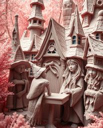 Explore a surreal and magical world through infrared photography, showcasing a young wizard school crafted with layered papie
