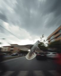 A captivating scene unfolds featuring a dove carrying an olive branch in dynamic motion against the backdrop of stormy urban 