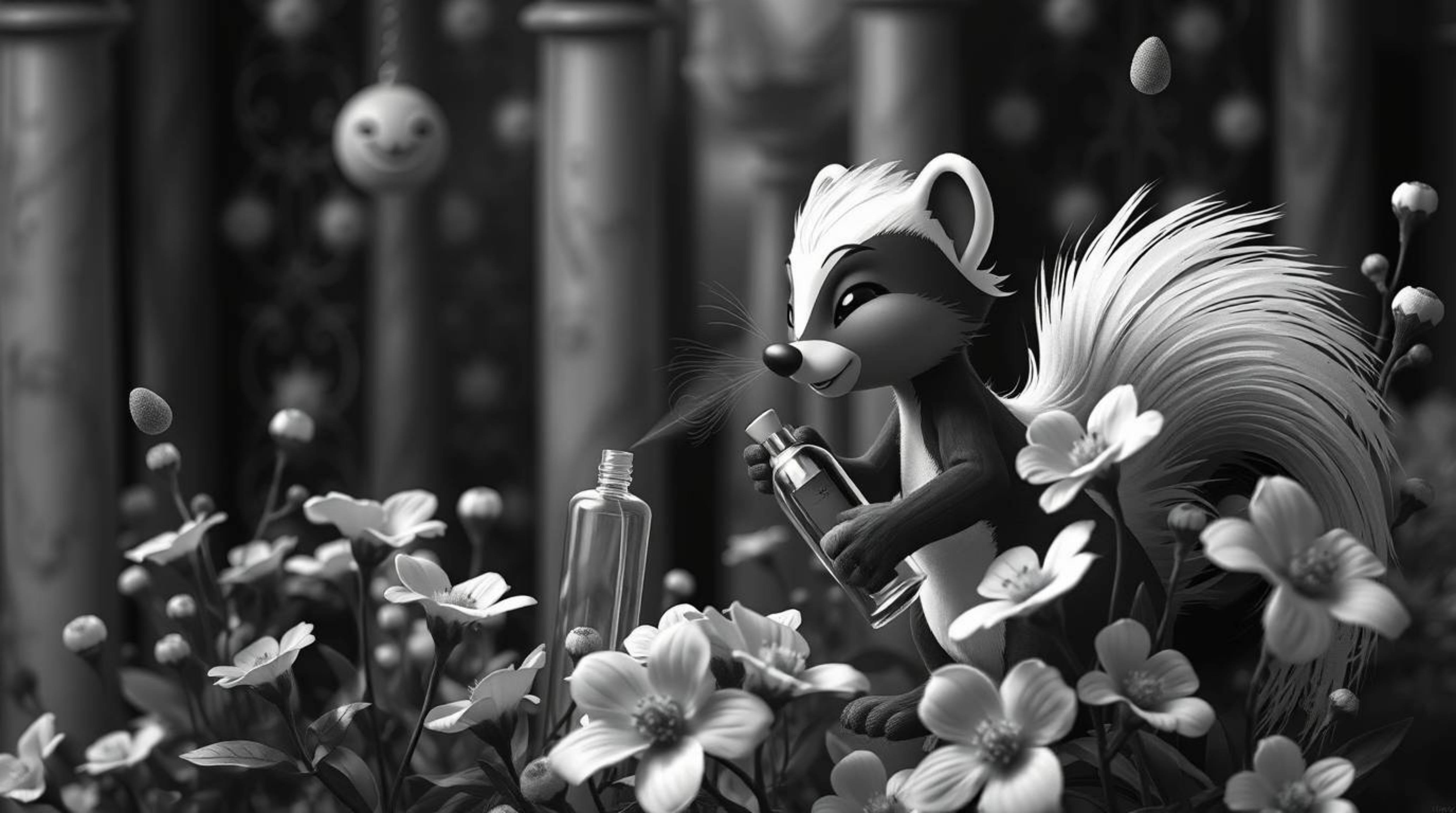 A dreamlike surreal black and white image depicting a cartoon skunk playfully spraying perfume on flowers. The scene embodies