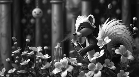 A dreamlike surreal black and white image depicting a cartoon skunk playfully spraying perfume on flowers. The scene embodies