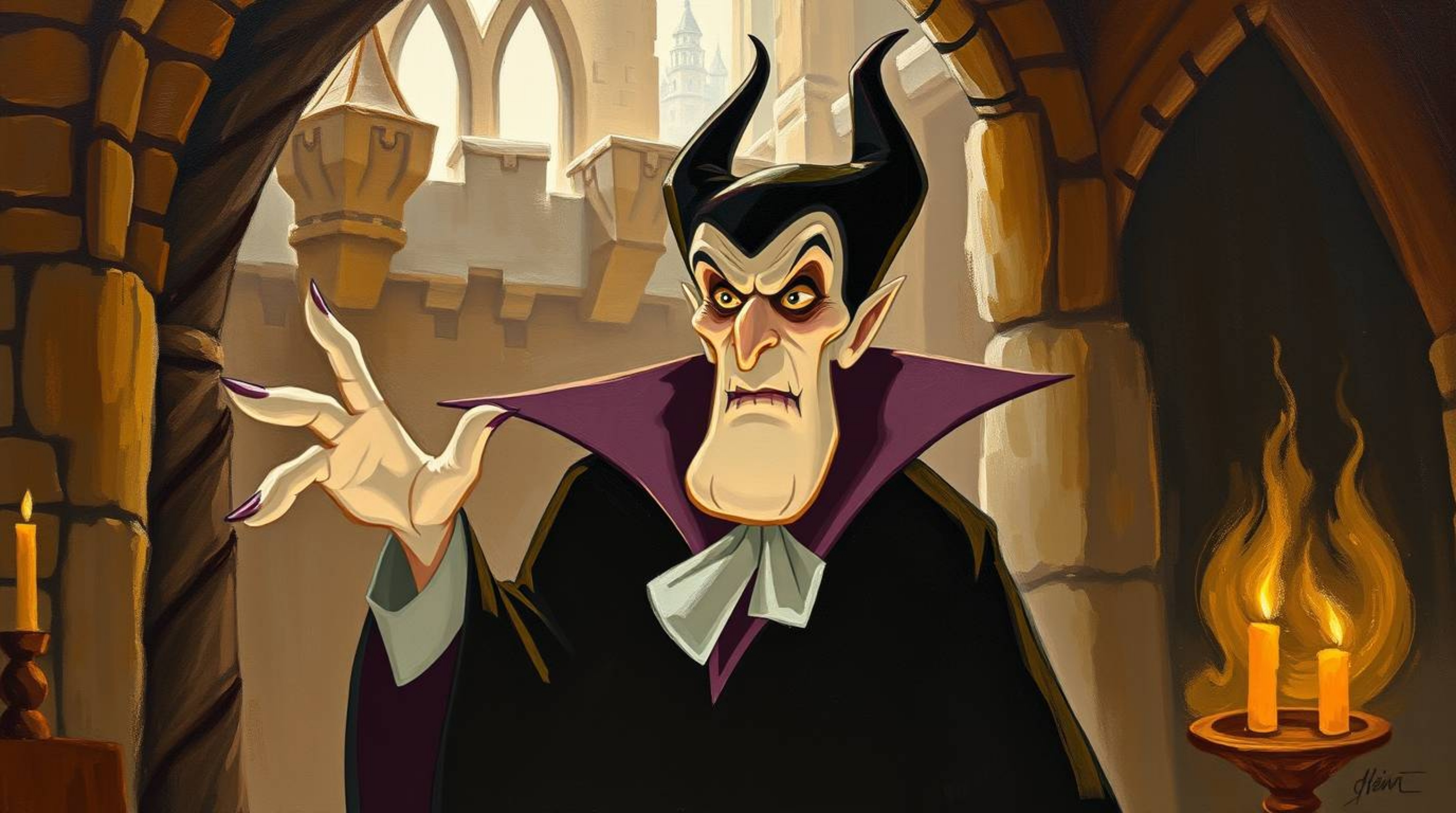 A captivating oil painting depicts a classic Disney villain with sharp features and pale skin, casting a spell within the anc